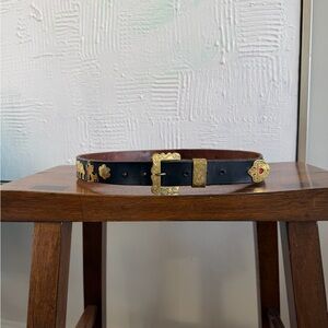 Black Leather Belt with Gold Accents